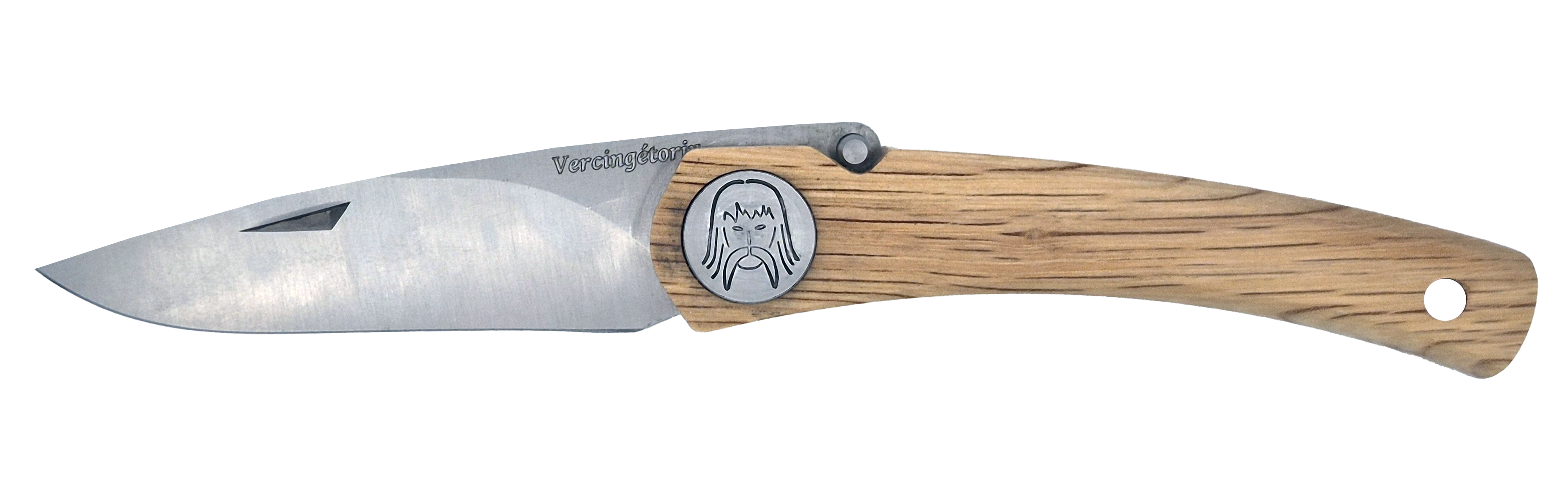 Couteau pliant Vercingétorix – lame Carbonox ultra-tranchante 90mm – manche bois chêne vert – fabriqué en France - vue de face.