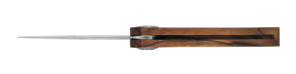 Couteau pliant Vercingétorix – lame Carbonox ultra-tranchante 90mm – manche bois olivier – fabriqué en France - vue dessous.
